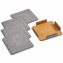 Coasters, Set Of 4 Grey With Holder -Doll Gift Sales Shop 5823