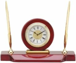 Mahogany & Gold Two Pen Set With Clock FREE TEXT