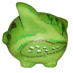 Farmland Piggy Bank With Sheep, Apples, Grassland